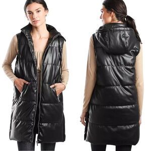 Vigoss Sz XL Hooded Black Vegan Faux Leather Quilted Puffer Vest Pockets Womens